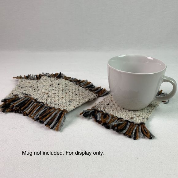 Mug Rugs Handmade Crochet Brown Gray Variegated Felt Backed Fringe 4 Coasters - Picture 9 of 11